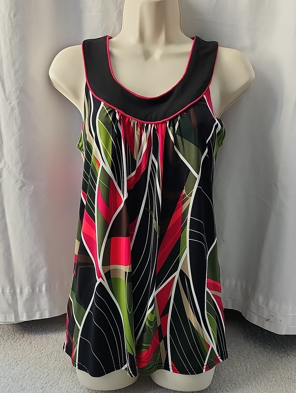 Christopher & Banks Black Tank Top with Pink, Green & Cream Abstract Stripes